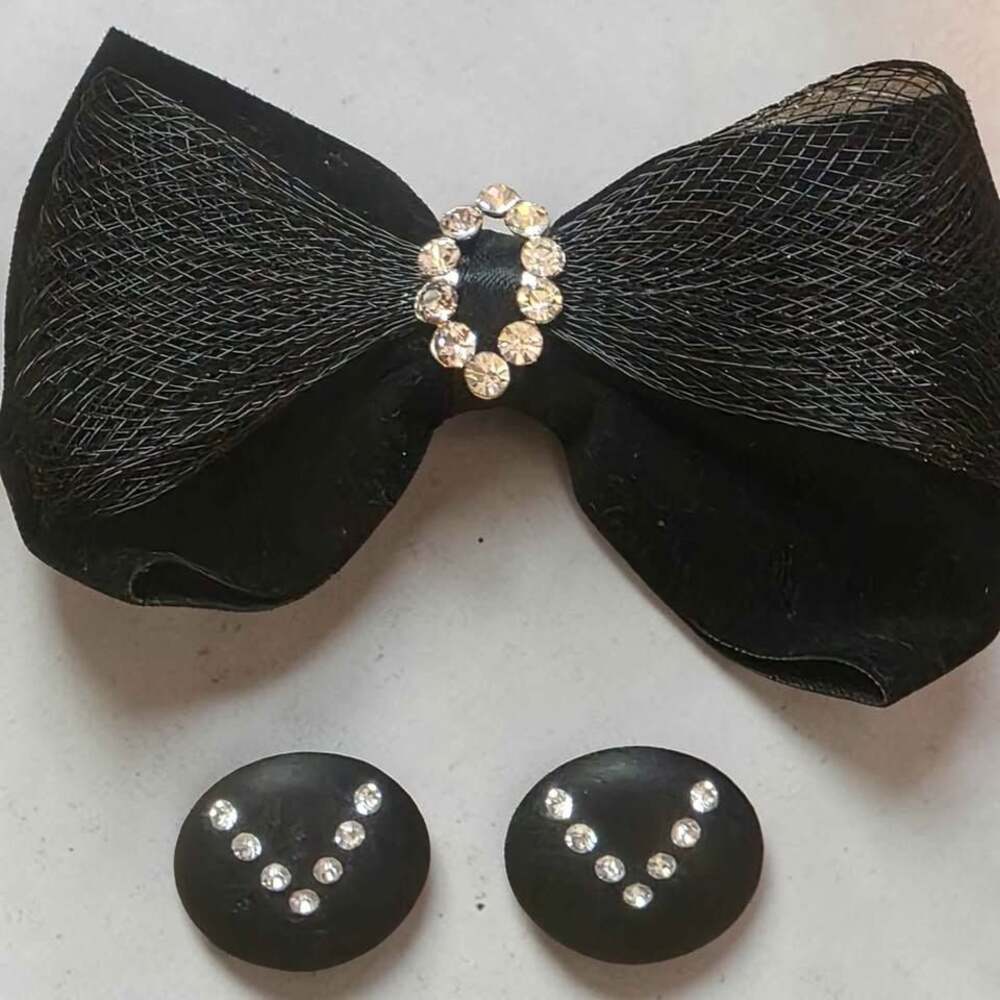 Black Velvet Bow Brooch and Stud Earring Set